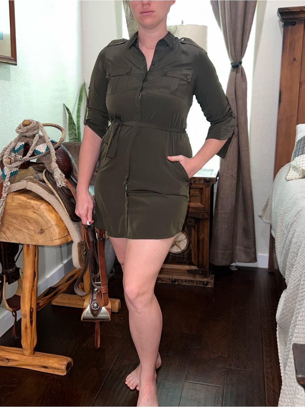Olive Utility Shirt Dress with Self-Tie Waist